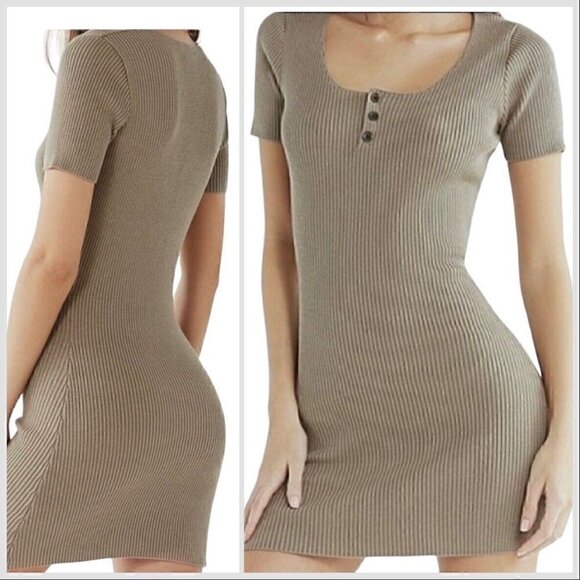 Urban Outfitters Short Sleeve Knit Ribbed Body Con Tan Mini Dress Women’s M - Picture 1 of 11
